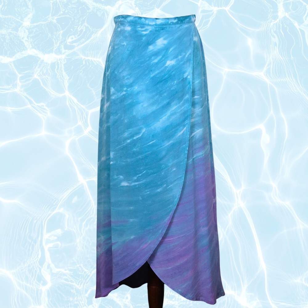 VTG Y2K Silk Wrap Maxi Skirt Size XS/S Blue Purple Pastel Mermaid Beach Whimsy